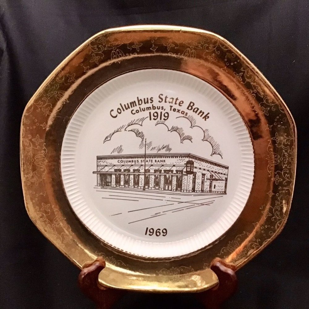 Columbus State Bank Collector Plate Texas 1919-1969 Gold Rim American Ironstone